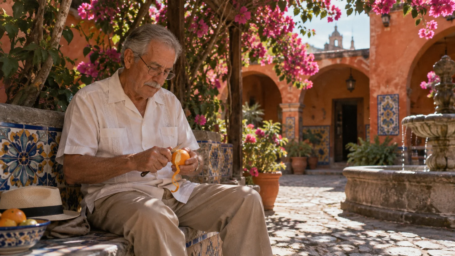 An older man sits on a tiled bench peeling an orange with a knife in a sunny courtyard with arches and pink flowers.
