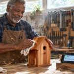 A smiling man wipes a wooden birdhouse in his workshop next to a phone displaying a Social Security deposit alert.
