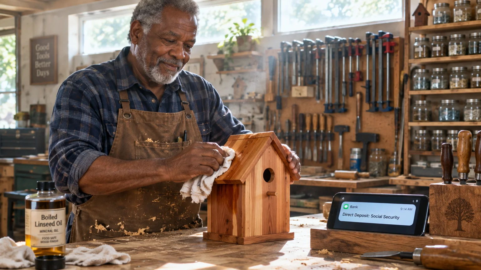 A smiling man wipes a wooden birdhouse in his workshop next to a phone displaying a Social Security deposit alert.