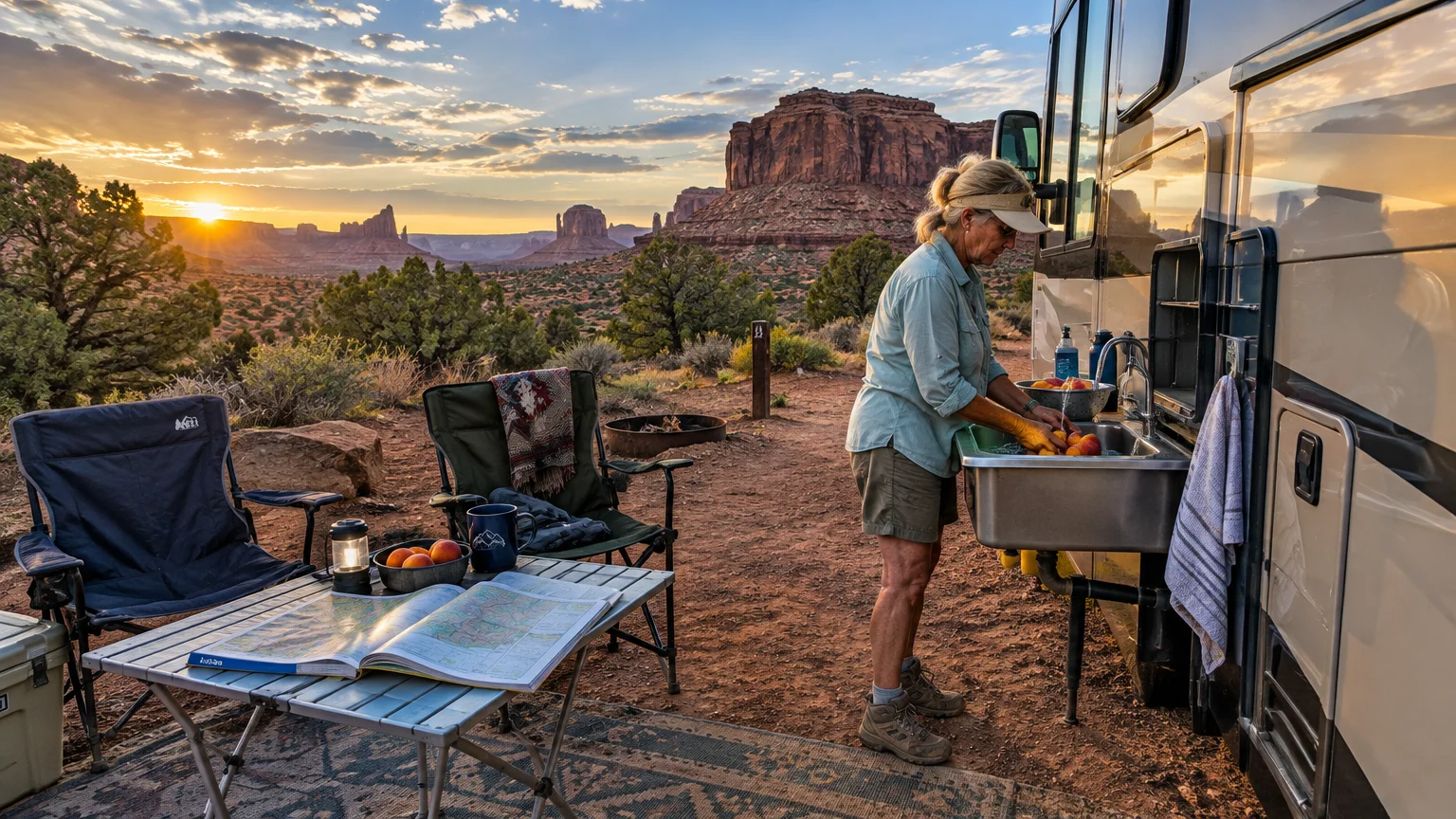 A woman washes fruit at an outdoor RV sink beside camp chairs and a table overlooking a desert canyon at sunset.