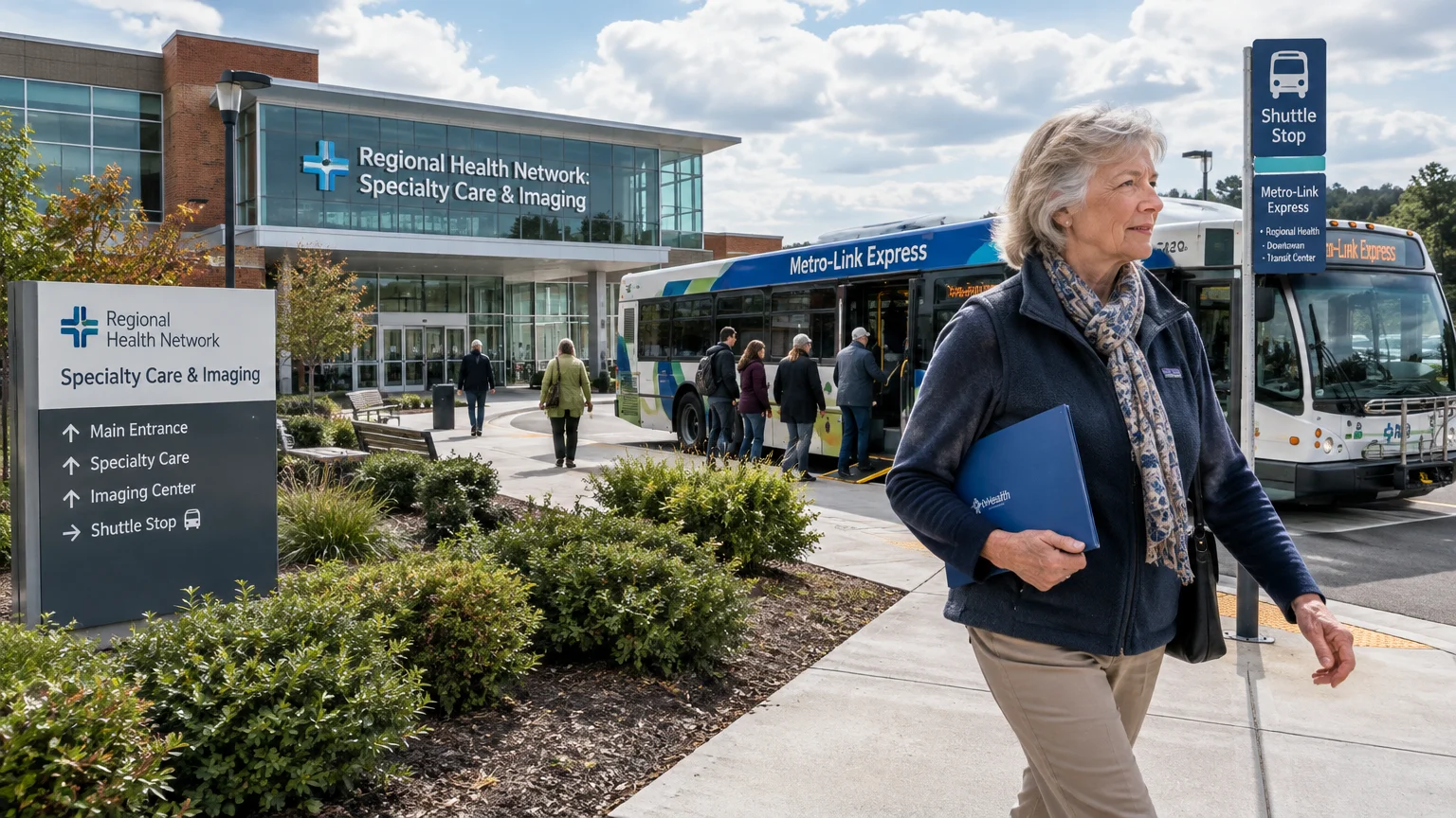 A woman carrying a blue folder walks past a shuttle bus outside a regional specialty care and imaging medical building.