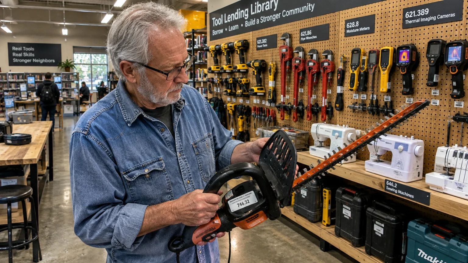 A senior man inspects an electric hedge trimmer beside a pegboard wall organized with power tools and sewing machines.