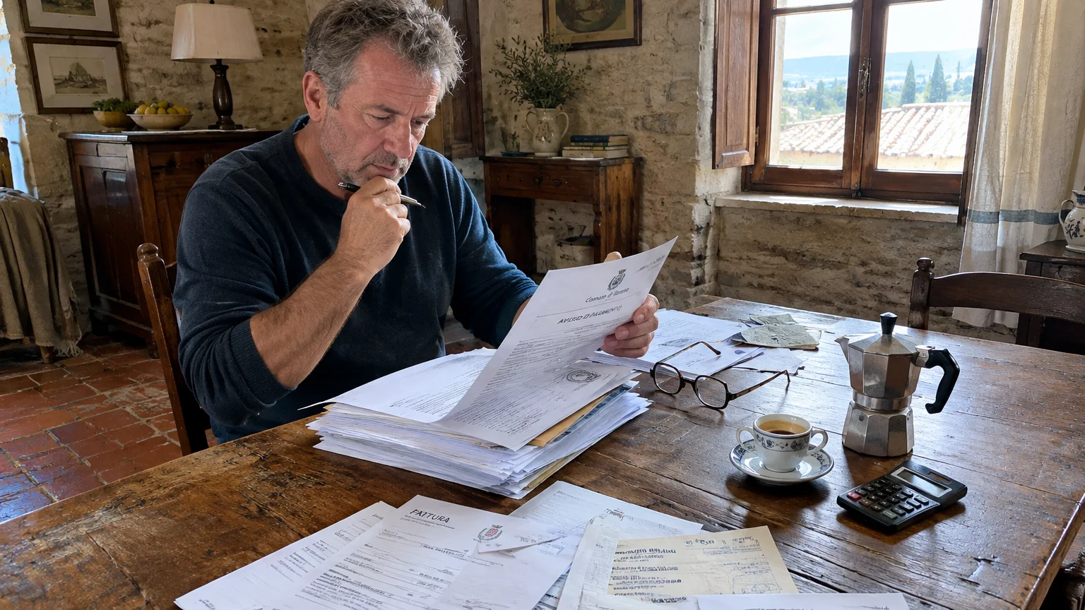 A man sits at a rustic wooden table reviewing a tall stack of invoices, with a calculator and coffee nearby.