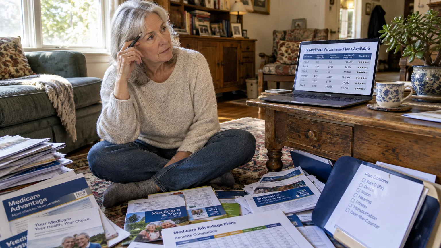 Senior woman sitting on a living room rug surrounded by Medicare brochures, looking thoughtfully at a laptop screen.