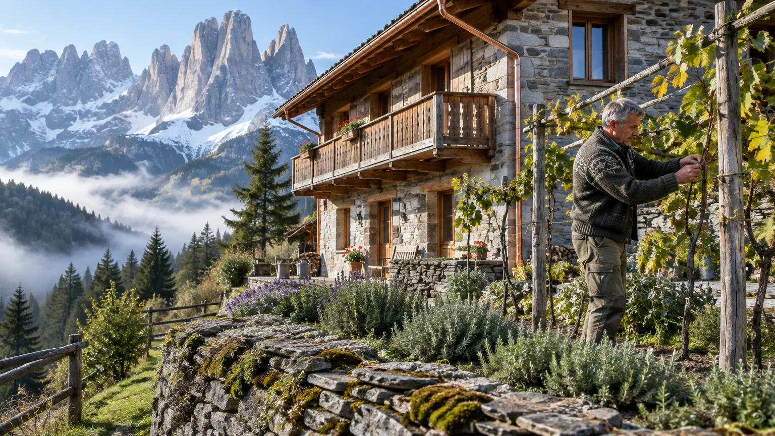 A man tends grapevines beside a rustic stone alpine chalet overlooking misty pine forests and rugged, snow-capped mountains.