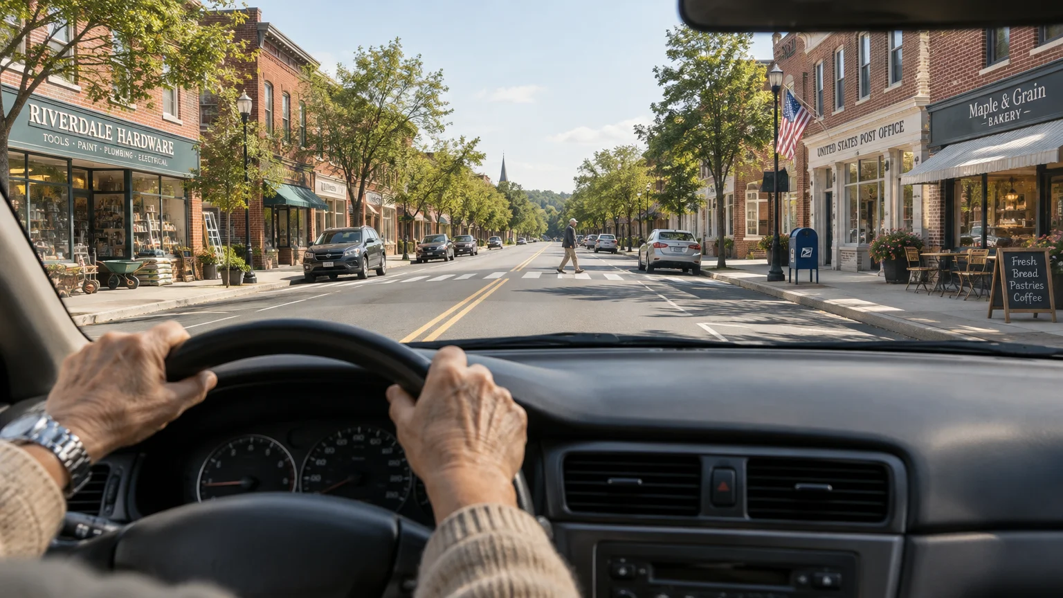 View from inside a car driven by an older person down a quiet small-town main street with brick storefronts.