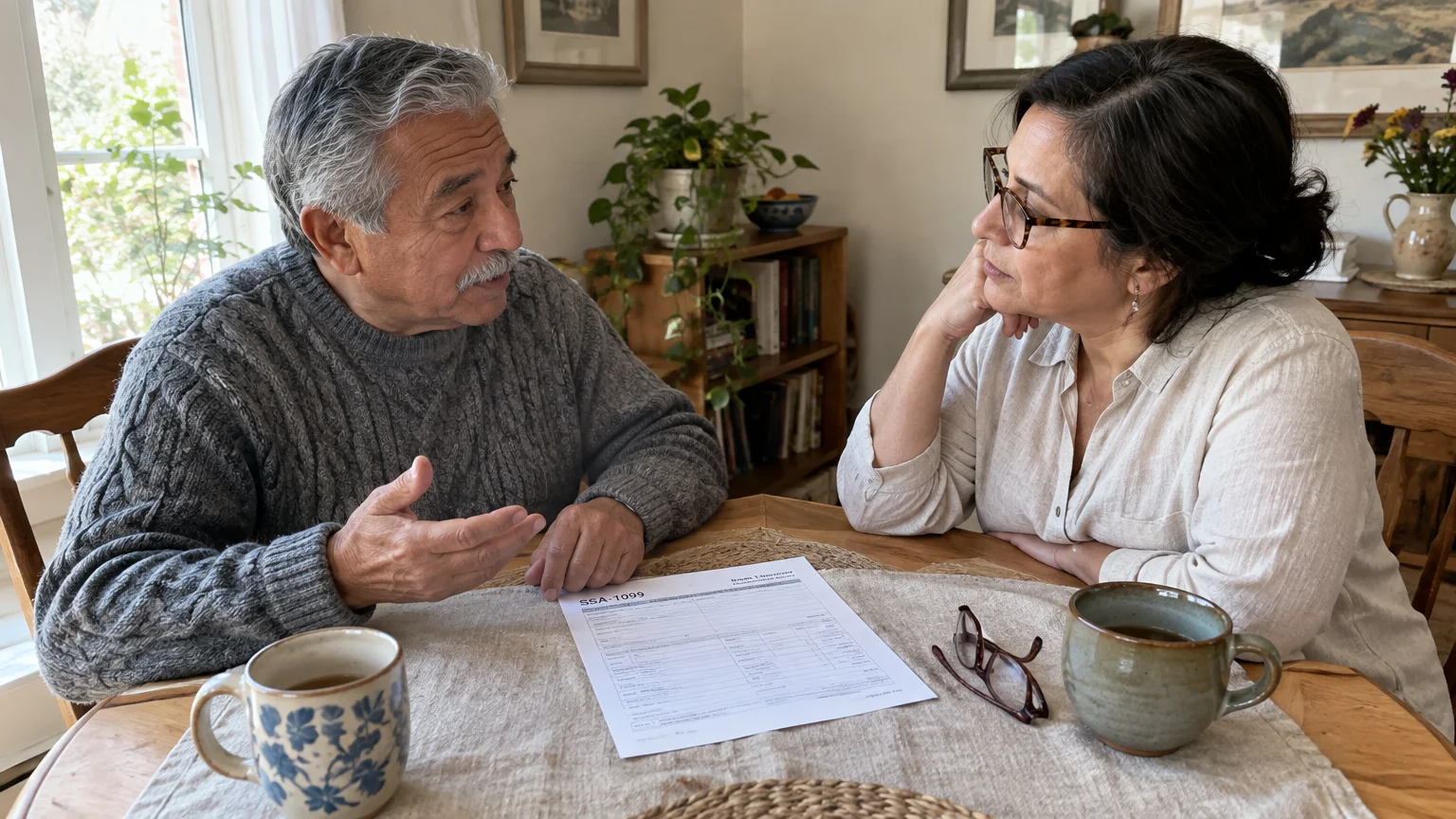 An older couple sitting at a wooden table reviewing an SSA-1099 tax document together over warm mugs.
