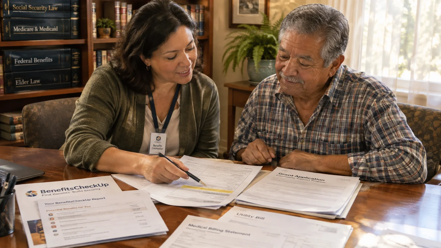A female benefits counselor points to paperwork while reviewing medical and utility bills with an older man at a desk.