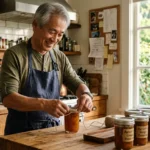 Smiling older man in an apron tying twine around homemade apricot preserve jars on a rustic kitchen island.