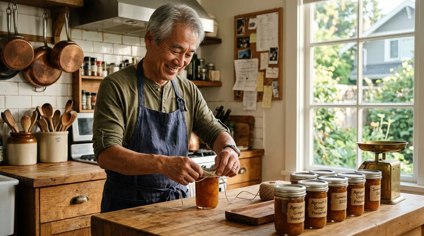 Smiling older man in an apron tying twine around homemade apricot preserve jars on a rustic kitchen island.