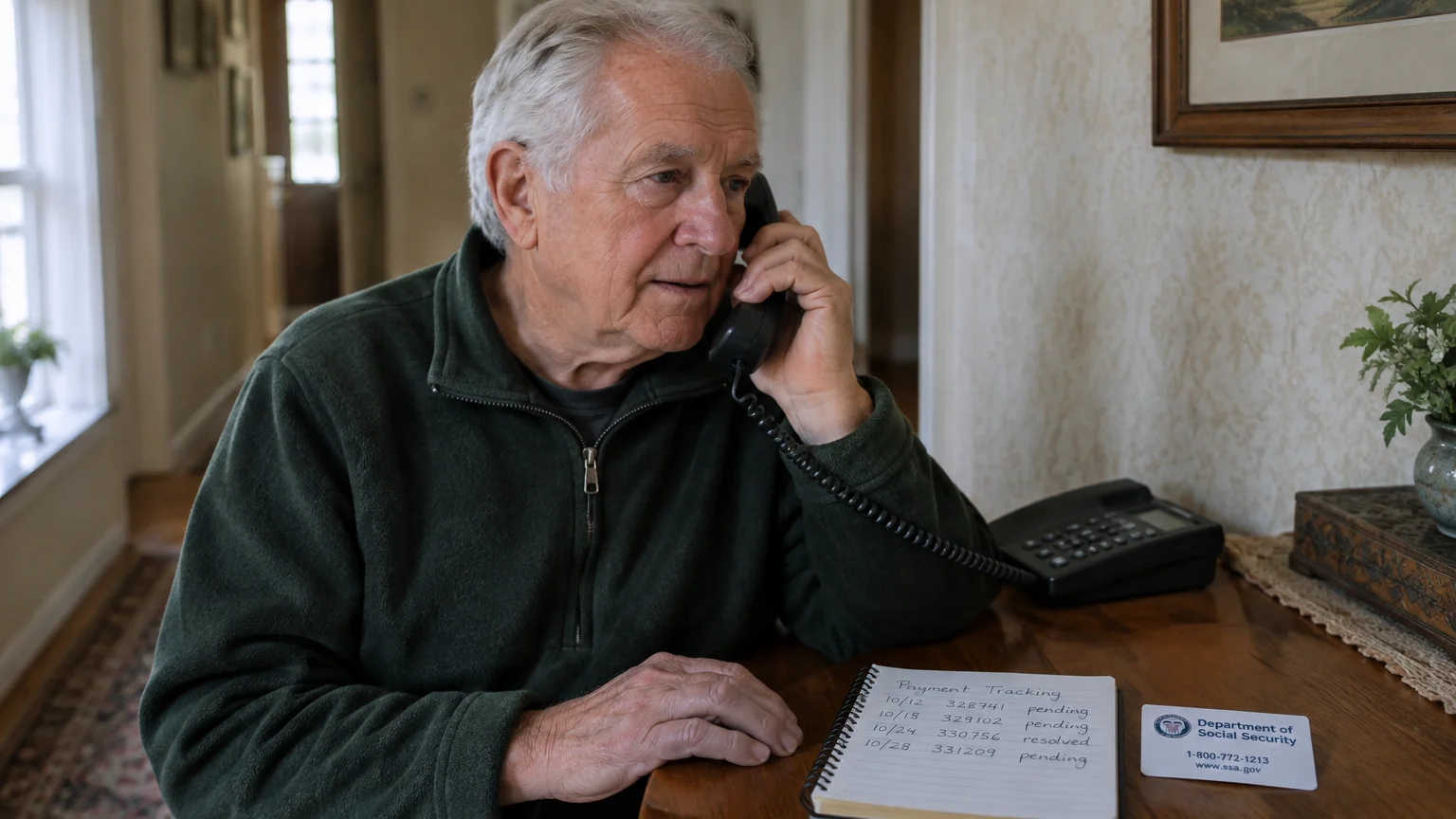 A senior man talks on a landline phone at a wooden desk beside a handwritten payment tracking notepad.