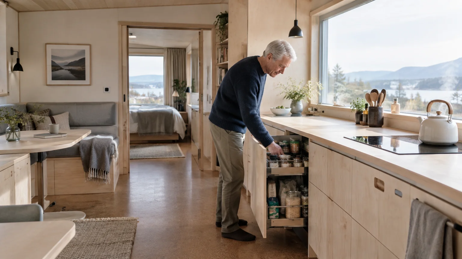 A senior man opens a pull-out pantry cabinet in a bright, modern, minimalist tiny home kitchen with scenic window views.