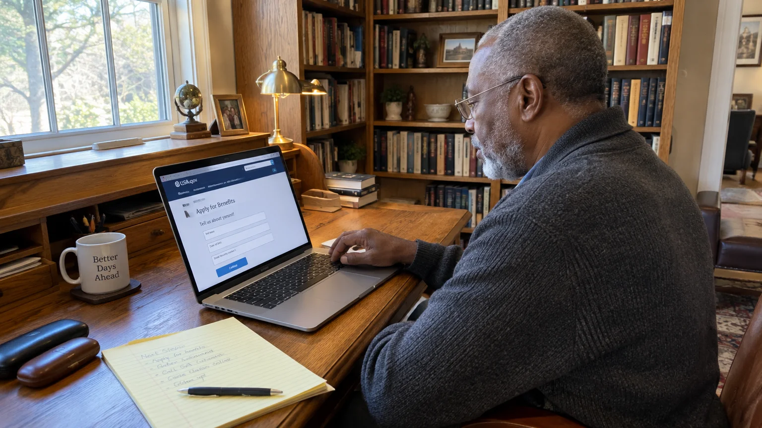 A man with glasses sitting at a wooden desk in a home office, filling out an online form on his laptop.