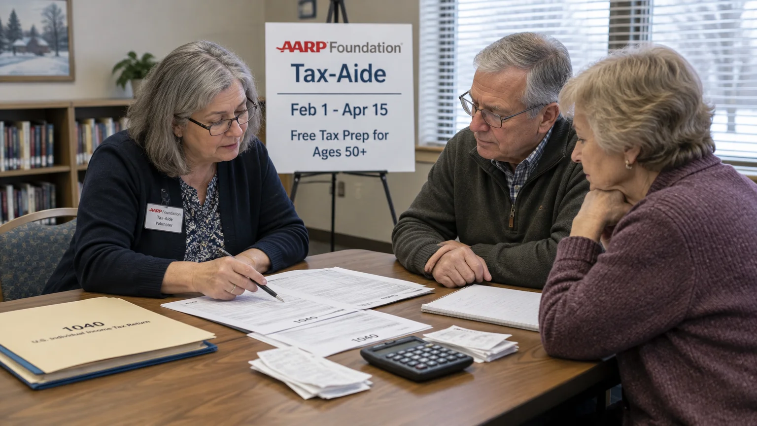 A volunteer assists a senior couple reviewing Form 1040 documents at a table beside an AARP Foundation Tax-Aide sign.