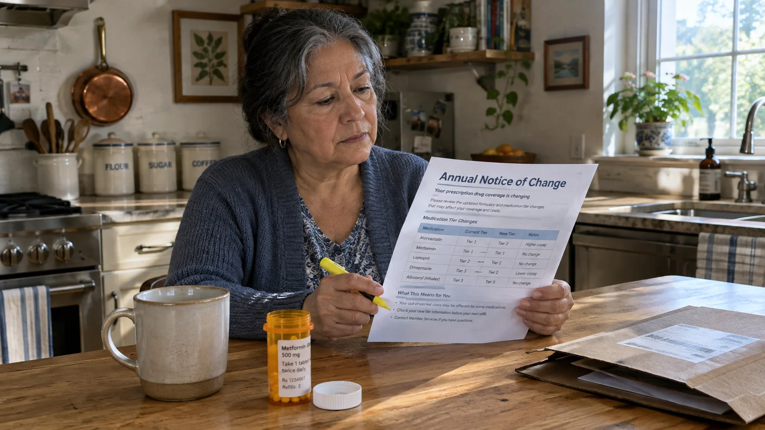 A woman sitting at a kitchen table reads an Annual Notice of Change document beside a prescription pill bottle and a mug.