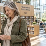A smiling woman scans her blue card at a self-checkout kiosk inside a modern, sunlit public library.