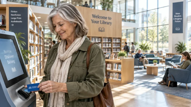 A smiling woman scans her blue card at a self-checkout kiosk inside a modern, sunlit public library.
