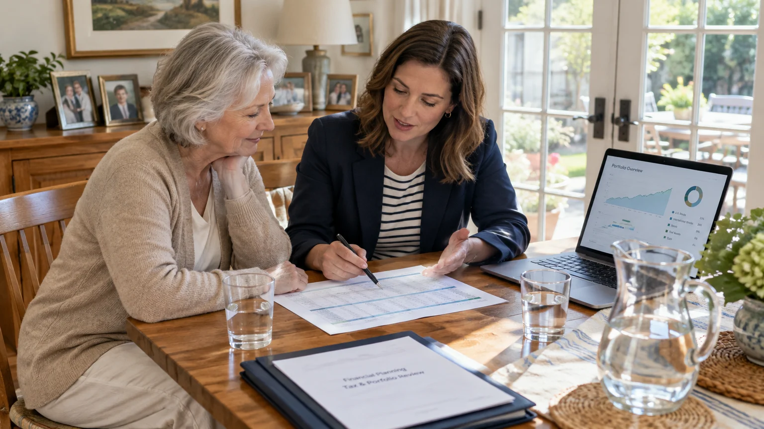 A financial advisor and a senior woman review paperwork and a laptop display at a dining table.