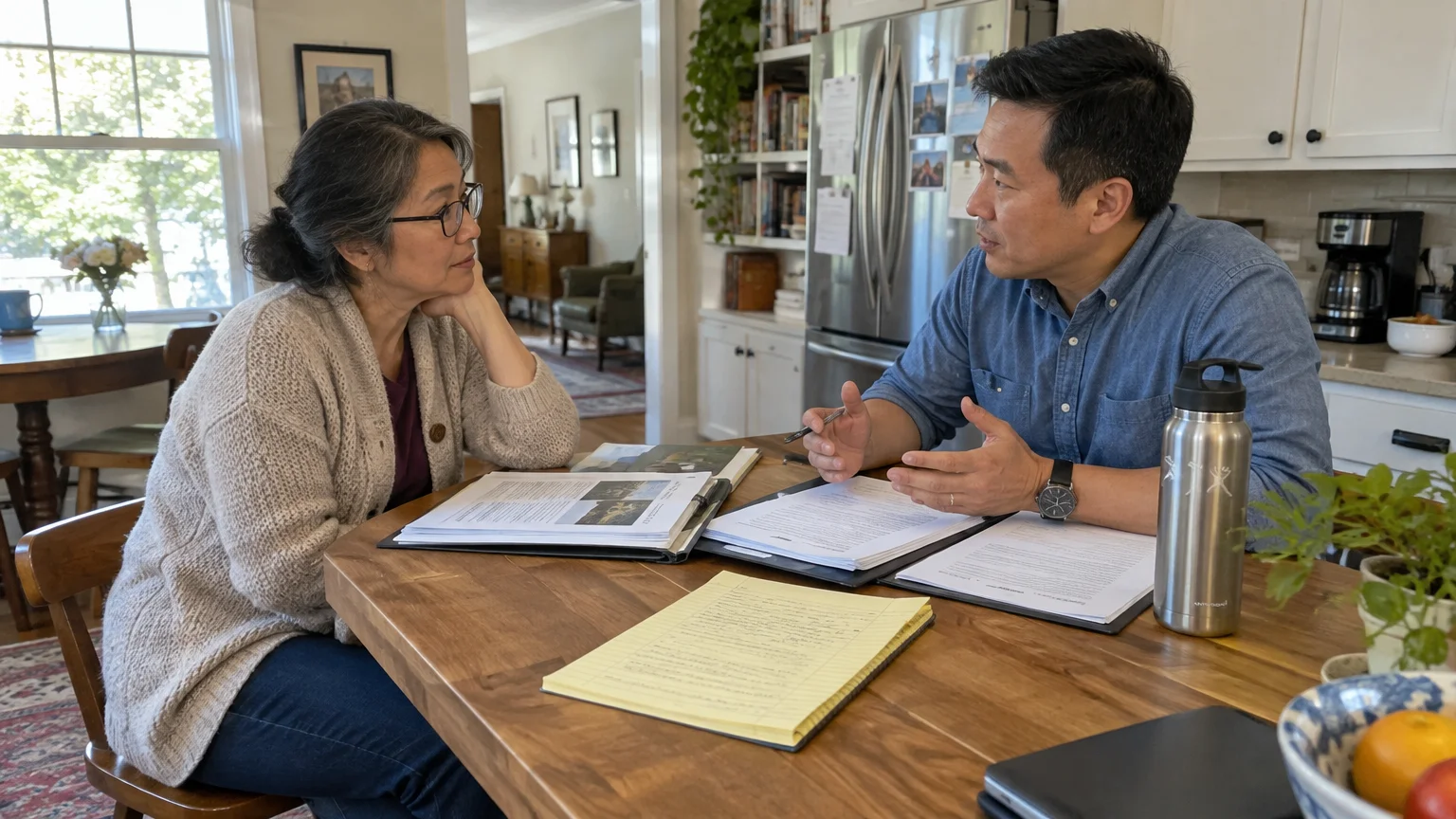 A man and woman review paperwork and documents across a wooden dining table in a kitchen setting.