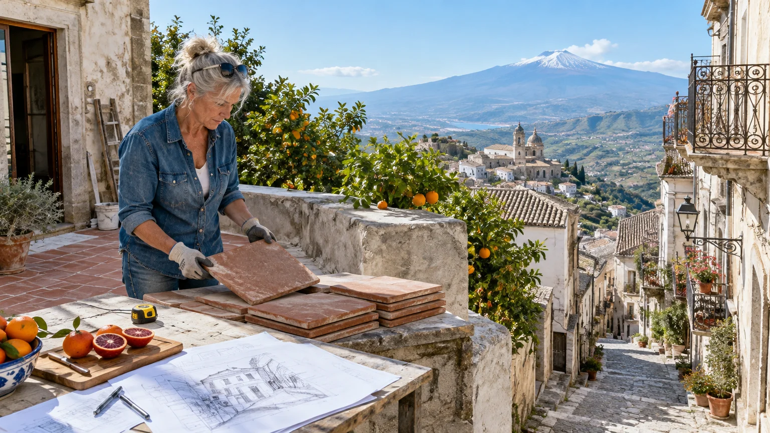 A woman stacks terracotta tiles on a terrace overlooking a hillside Italian town and a distant snow-capped volcano.