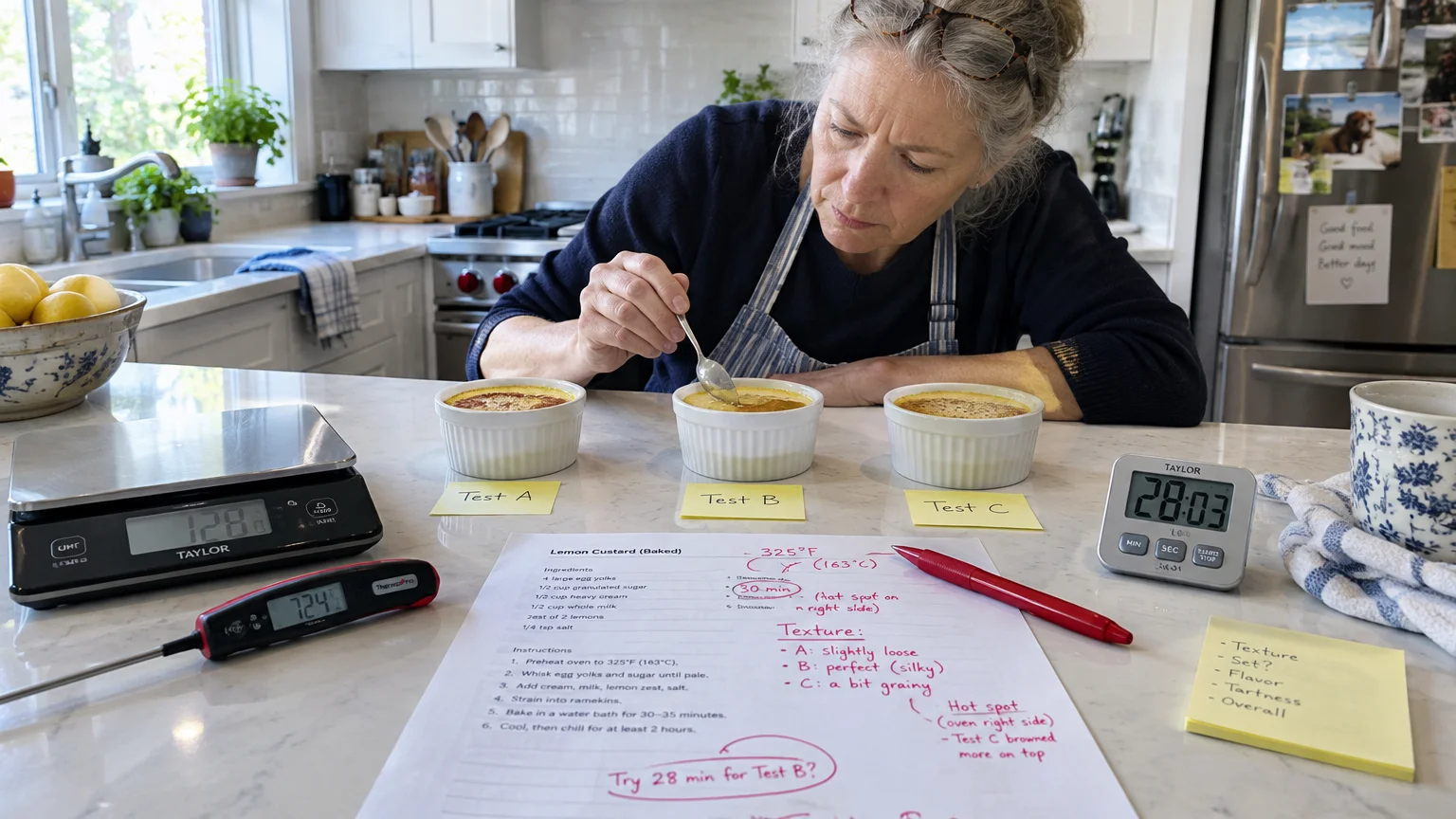 A woman tests ramekins of baked custard beside detailed recipe notes, a kitchen scale, and a digital timer.
