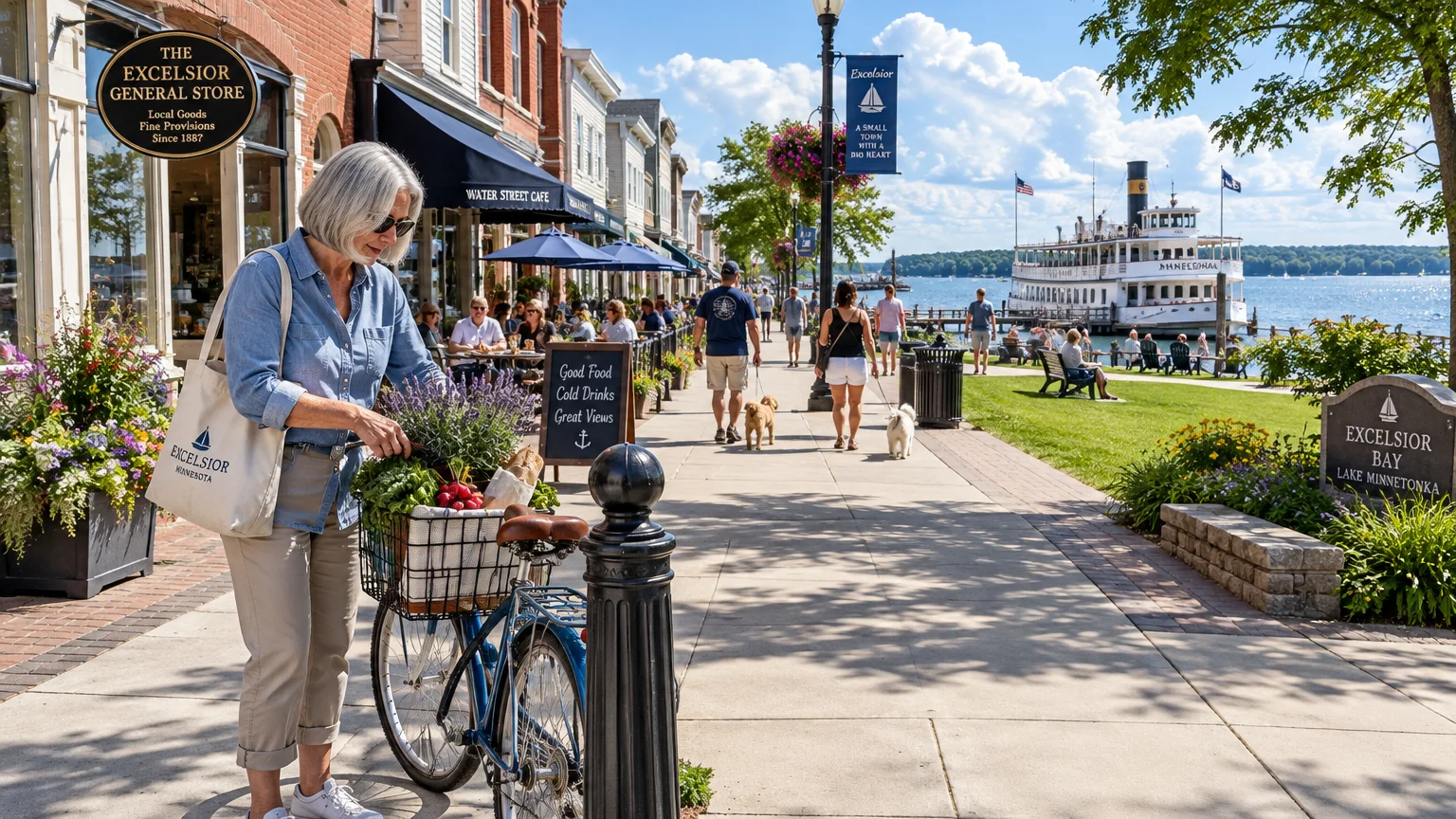 A woman with a bicycle on a sunny lakeside street lined with shops, cafes, pedestrians, and a steamboat on the water.