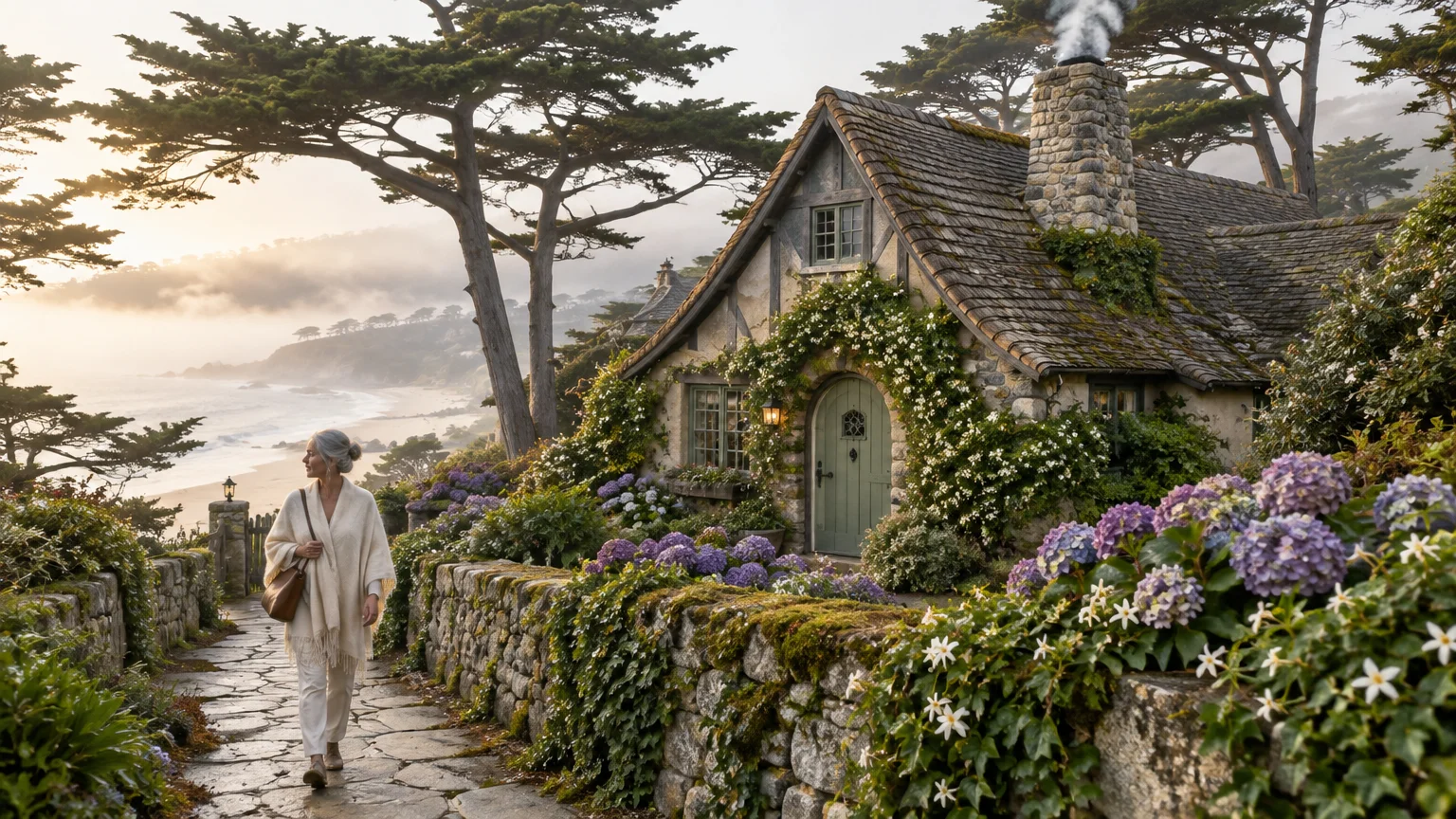 A woman walking along a stone path beside a flower-covered cottage overlooking an ocean coastline and cypress trees.