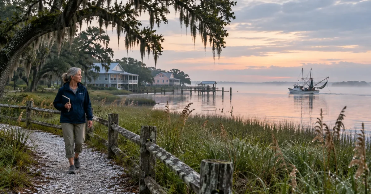 A woman walking along a path by a coastal marsh and houses at dawn with a shrimp boat on the water.