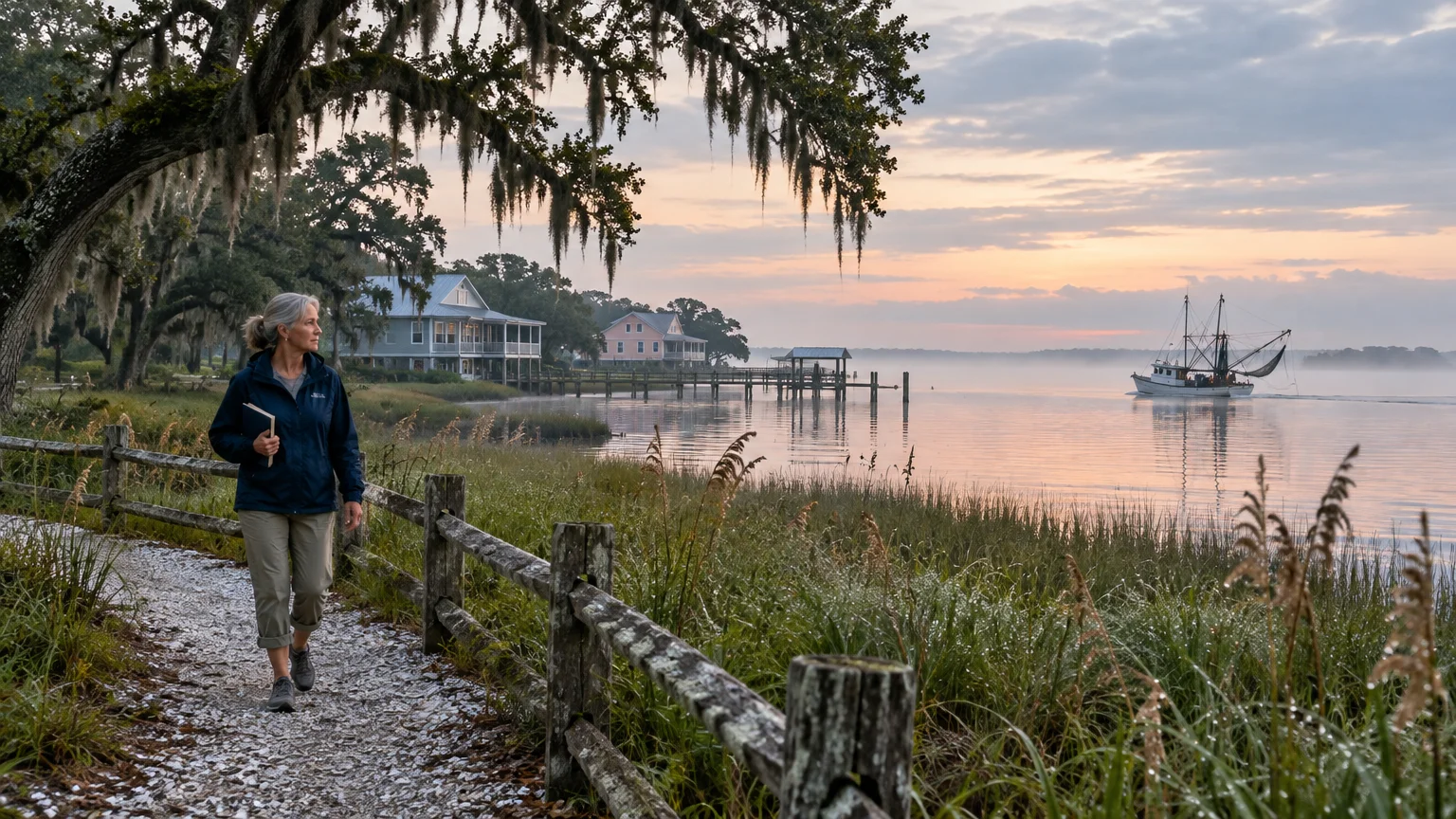 A woman walking along a path by a coastal marsh and houses at dawn with a shrimp boat on the water.