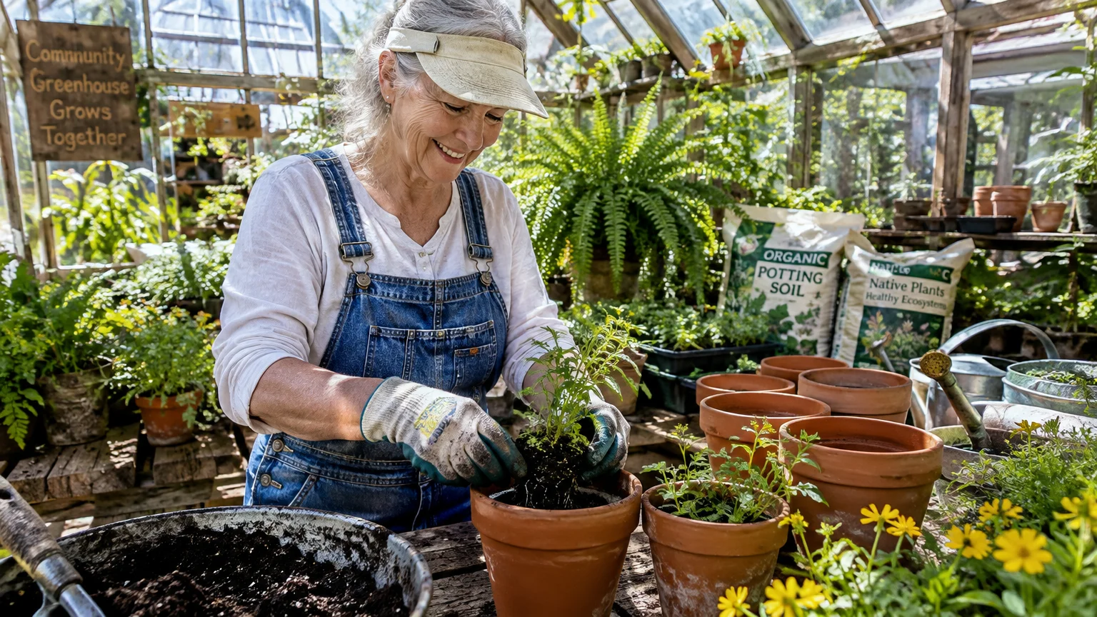 Smiling older woman wearing overalls, gloves, and a sun visor potting green plants in a sunlit greenhouse.