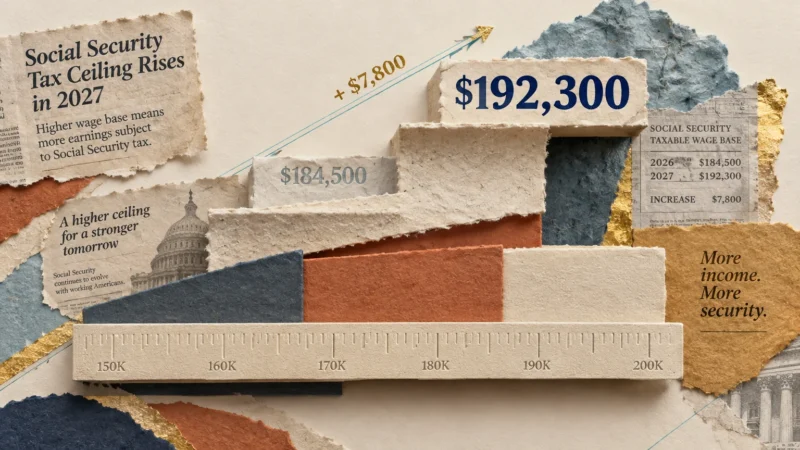 Paper collage bar chart showing rising wage limits from $184,500 to $192,300 with an increase of $7,800.