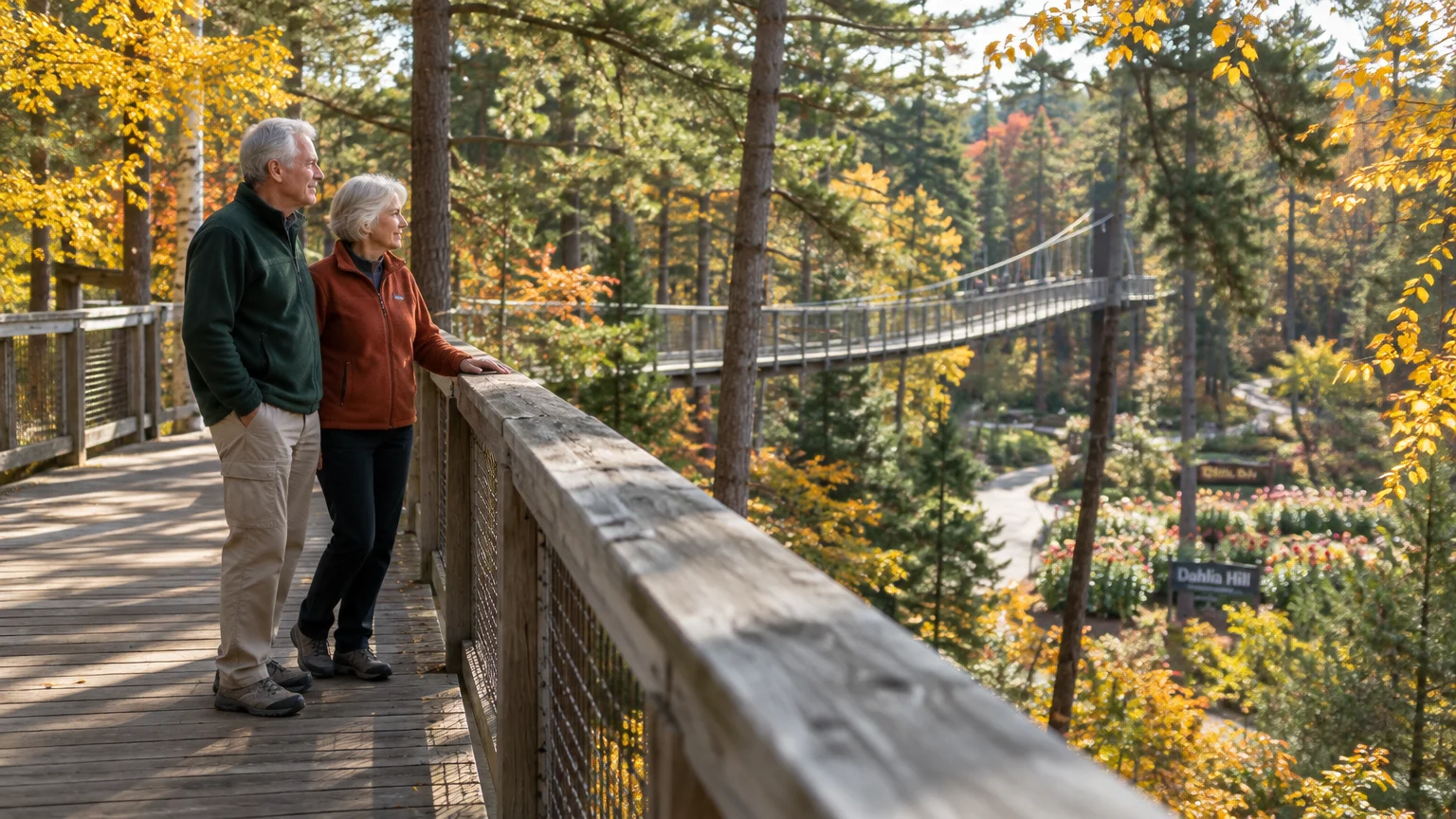 An older couple stands on an elevated wooden canopy walkway overlooking an autumn forest and suspension bridge.