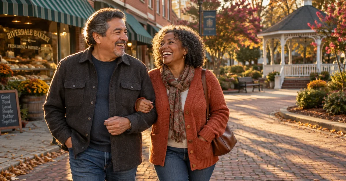 Smiling senior couple walking arm-in-arm along a brick sidewalk in a charming town square near a gazebo.