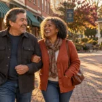 Smiling senior couple walking arm-in-arm along a brick sidewalk in a charming town square near a gazebo.