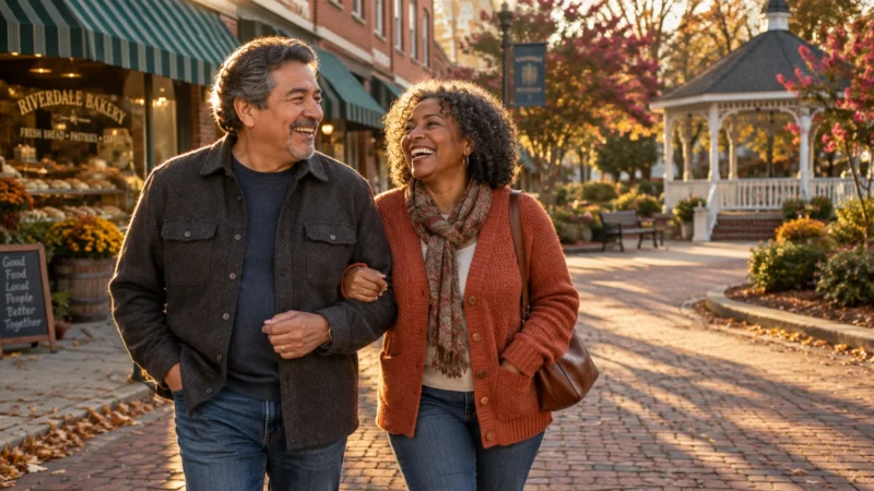 Smiling senior couple walking arm-in-arm along a brick sidewalk in a charming town square near a gazebo.
