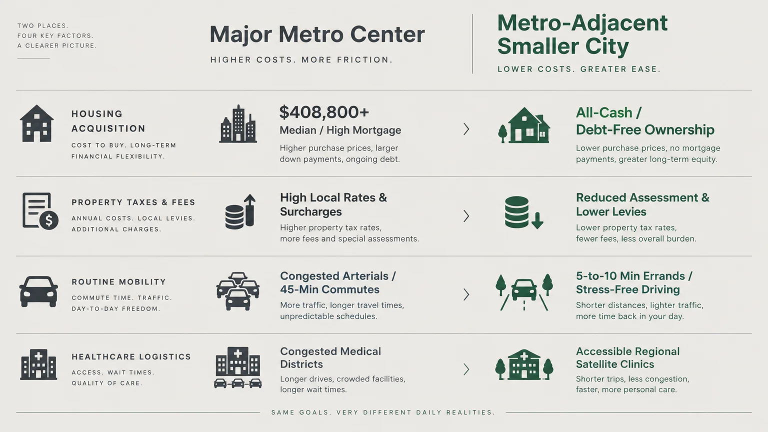 Comparison chart contrasting major metro centers with metro-adjacent smaller cities across housing, taxes, and healthcare.