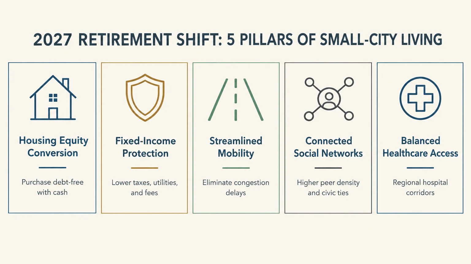 Infographic showing five pillars of small-city living: housing equity, fixed income, mobility, social networks, and healthcare.