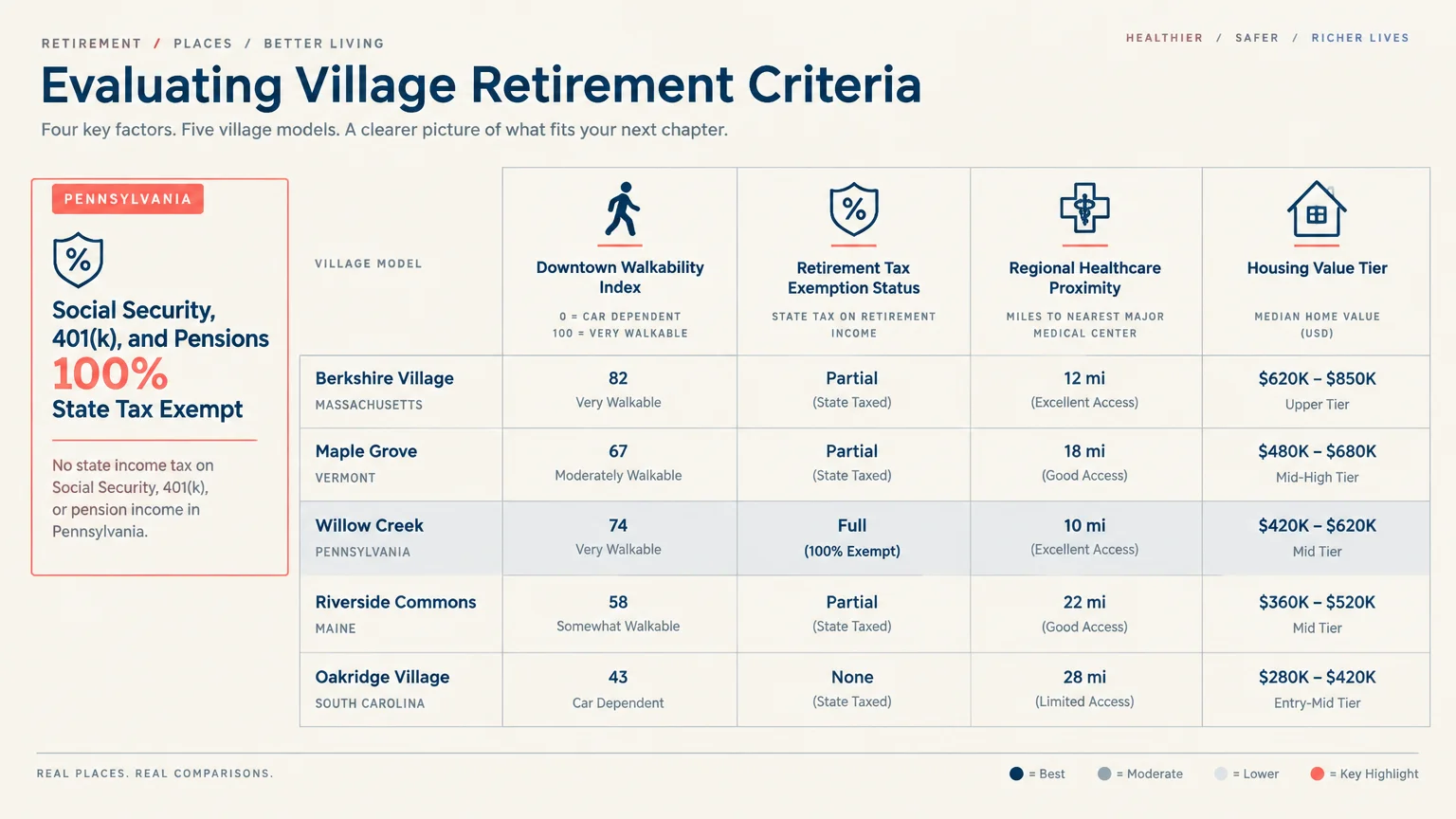 Table comparing five village models across walkability, tax exemptions, healthcare distance, and housing value tiers.