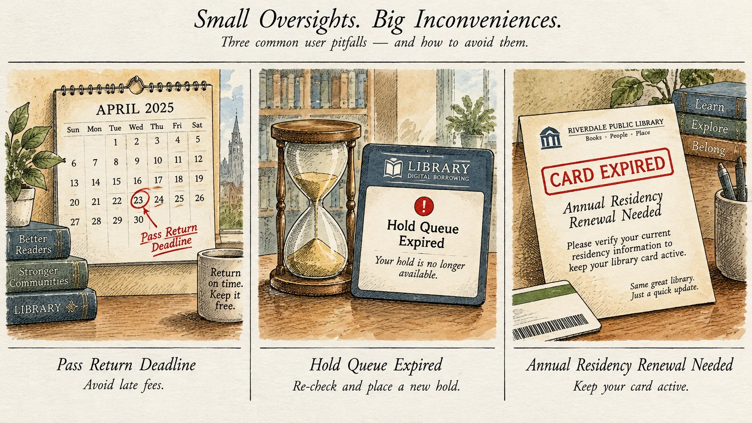 Three panels showing a calendar with a return deadline, an e-reader with an expired hold alert, and an expired card notice.