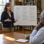 A woman presents a whiteboard comparing Medicare plans to an older man seated at a library table.