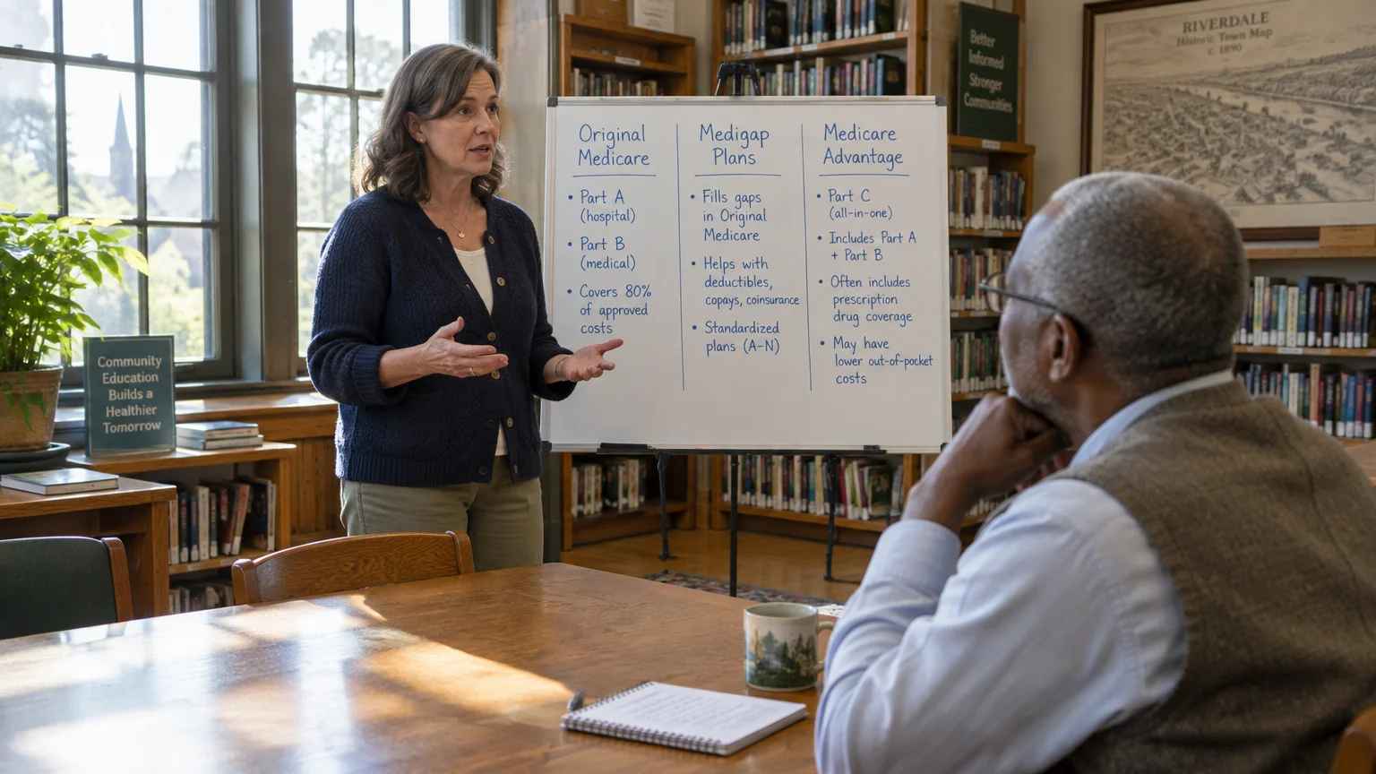 A woman presents a whiteboard comparing Medicare plans to an older man seated at a library table.