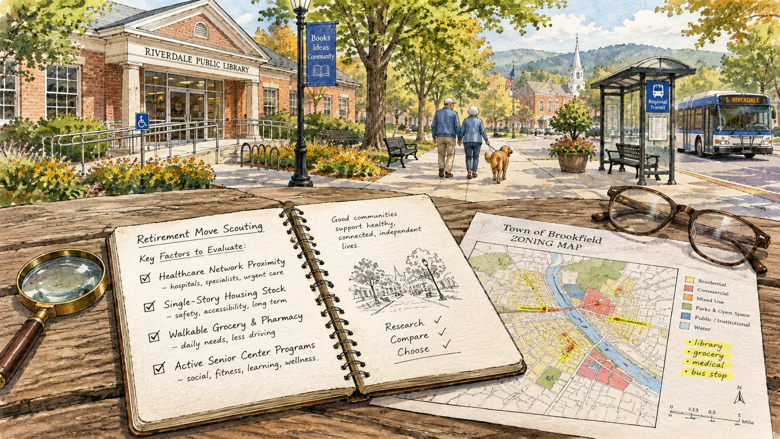 Watercolor of a town library, bus stop, and park path, with an open notebook, map, glasses, and magnifying glass in front.