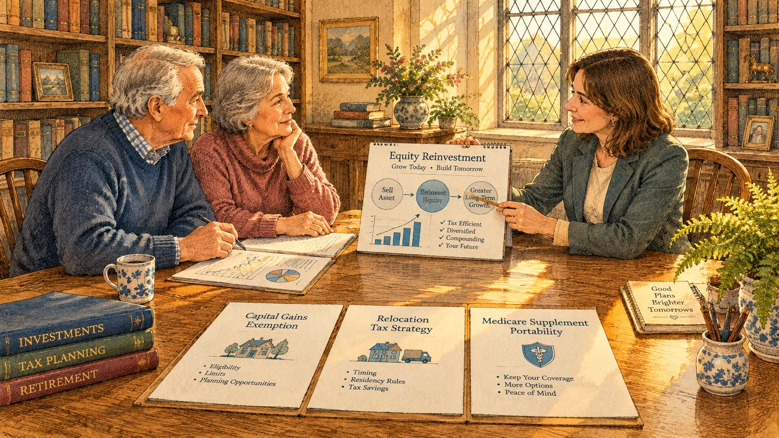 A female advisor presents an equity chart to an older couple seated at a wooden desk surrounded by books and folders.
