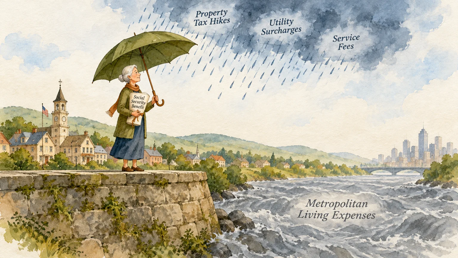 Illustration of an older woman with an umbrella holding Social Security papers near a rushing river and distant skyline.