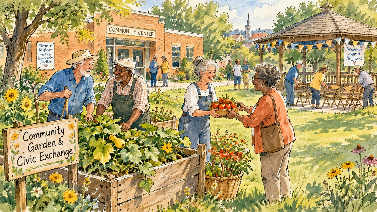 Older adults garden together beside raised beds outside a brick community center and park gazebo.