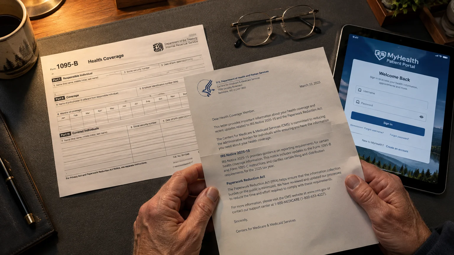 Hands holding a letter beside Form 1095-B, eyeglasses, and a tablet displaying a patient portal login screen on a desk.