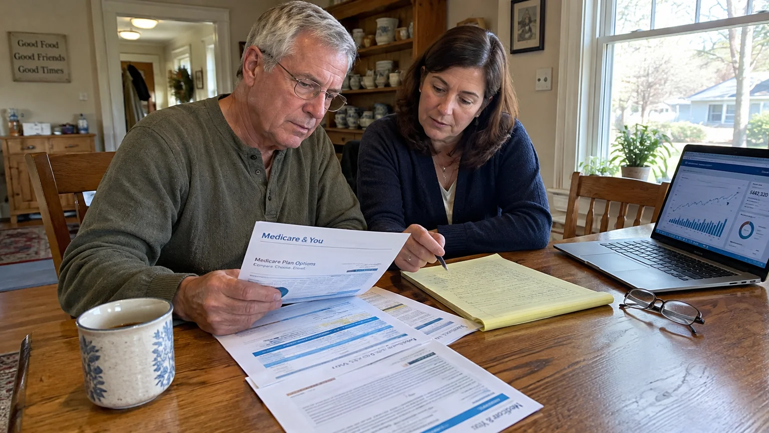 A mature couple sits at a wooden table reviewing printed Medicare documents, a legal pad, and a laptop.