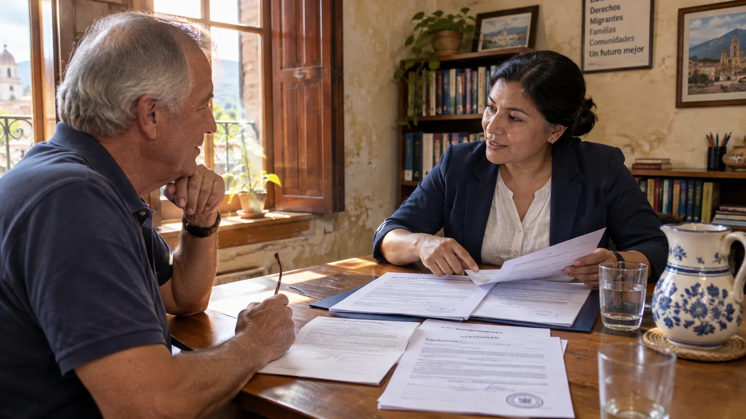A man and a woman in a blazer sit at a wooden desk reviewing legal paperwork and documents in an office.