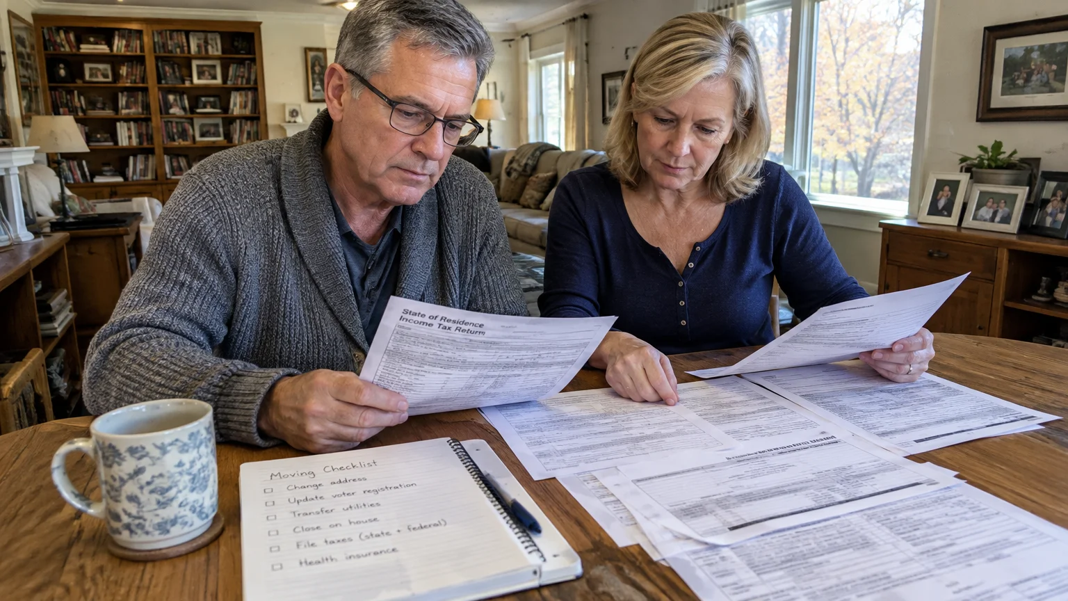 A mature couple sits at a wooden table reviewing state income tax forms and a handwritten moving checklist.