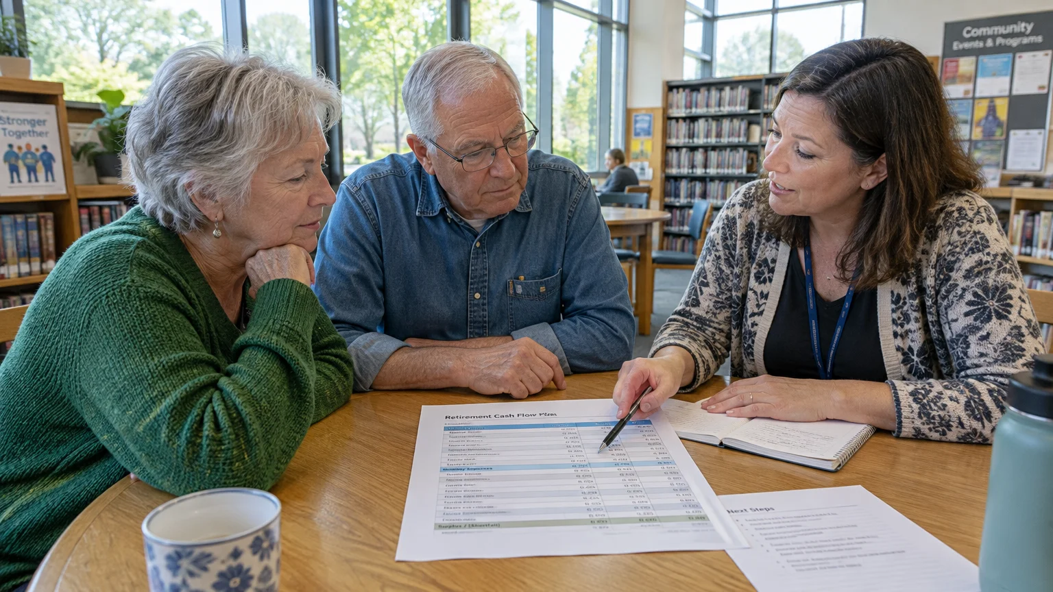 An advisor points a pen at a retirement cash flow document while an older man and woman listen intently at a table.